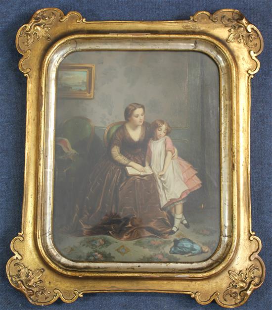 19th century French School Interior with mother and child reading a book, 15 x 11.75in.